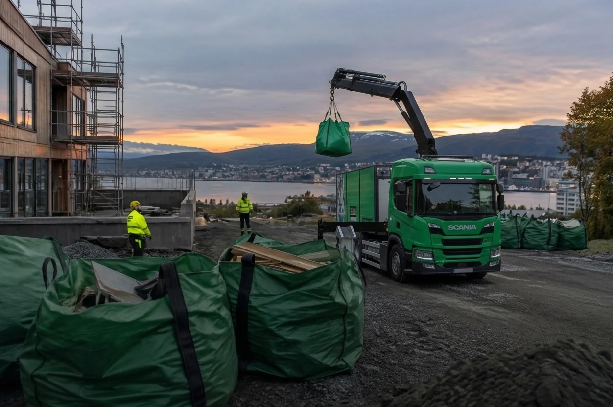 Grønn kranbil som henter avfall ved et byggeprosjekt